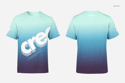 Front and back view of a men's and women's t-shirt mockup with a blue to purple gradient and bold white text design.