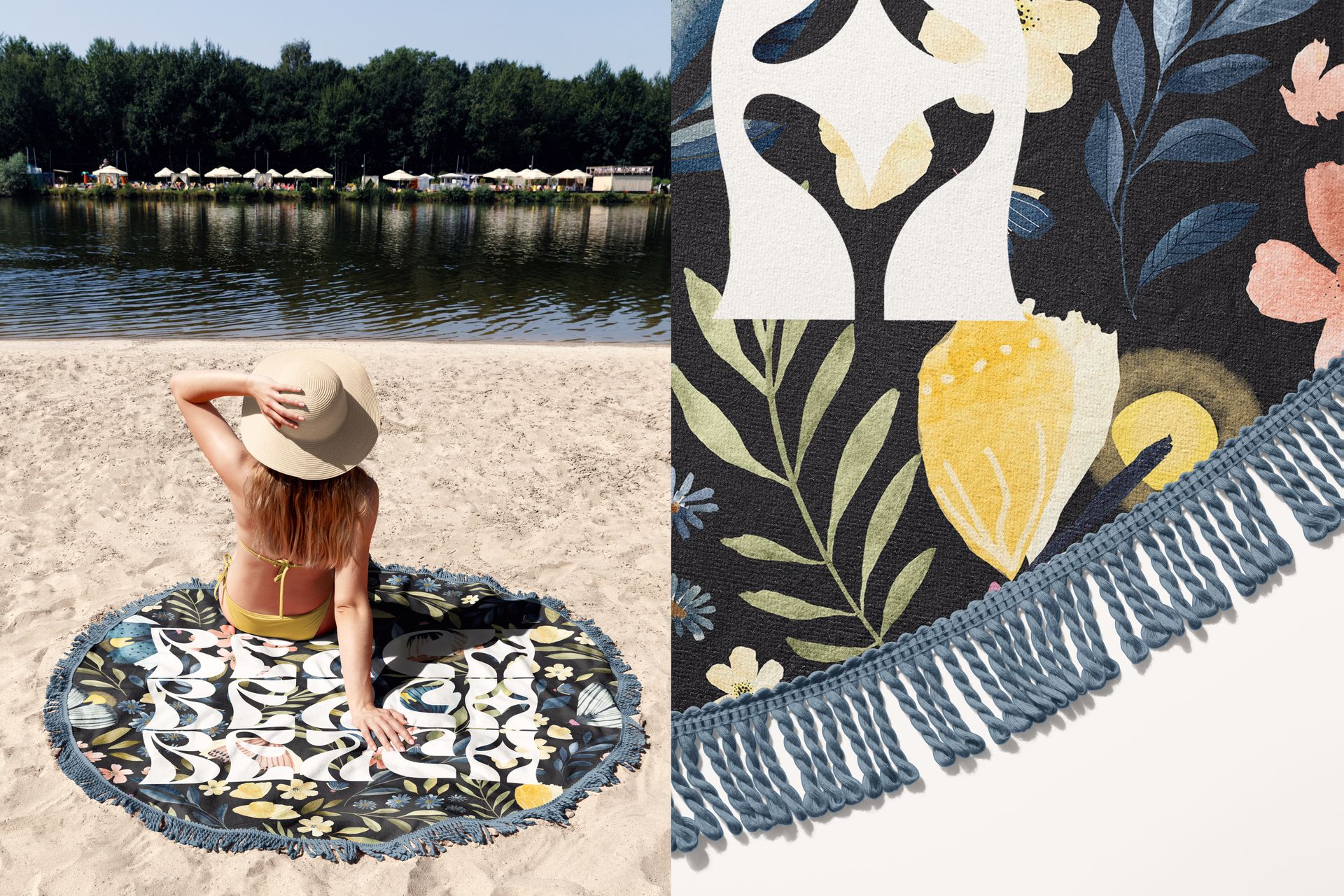 Close-up of round beach towel mockup featuring blue fringe and botanical design, shown in outdoor beach setting.