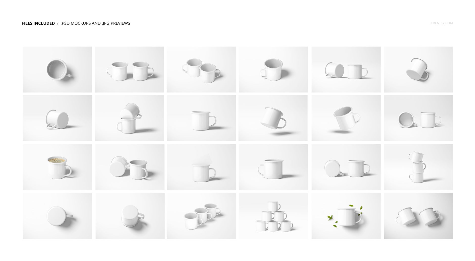 White enamel mug PSD mockups presented in assorted layouts and angles, with some mugs stacked or paired together.