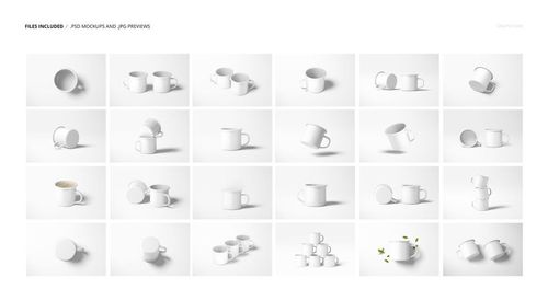 White enamel mug PSD mockups presented in assorted layouts and angles, with some mugs stacked or paired together.