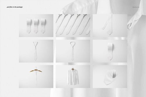 Tie mockup set featuring multiple white ties shown from different perspectives, with shirt and hanger props on a plain backdrop.