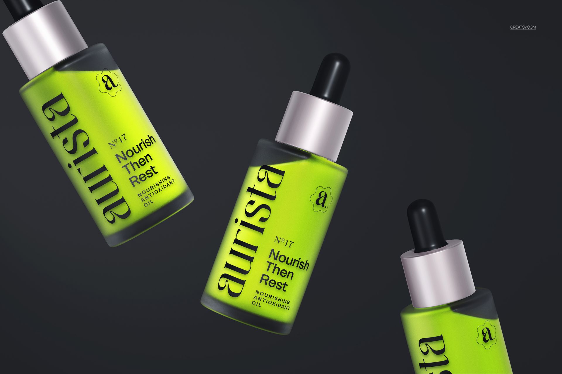 PSD mockup showing multiple green dropper bottles with metallic collars and black droppers on a plain dark backdrop.