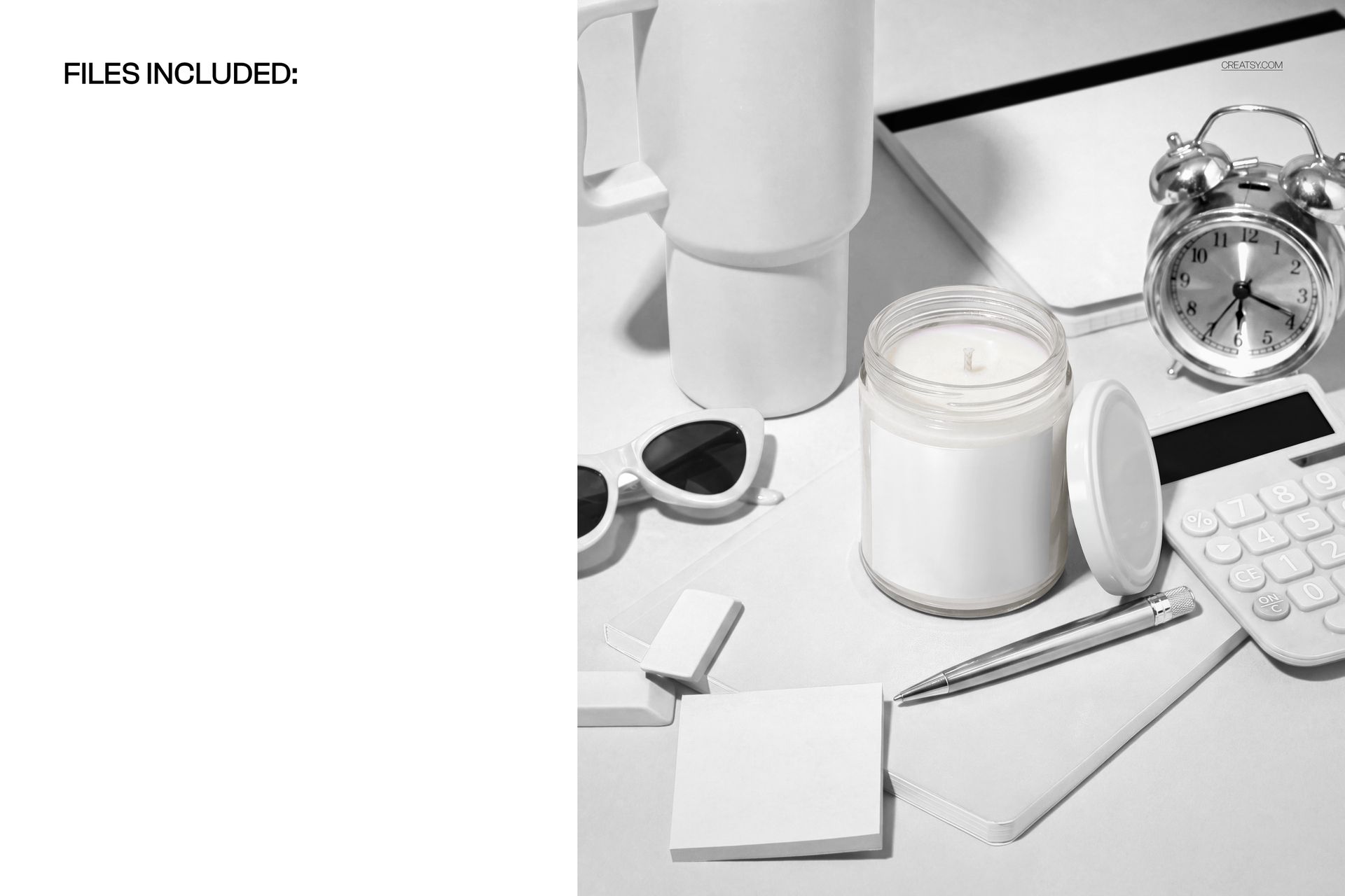 Glass jar candle mockup with cotton wick placed among office supplies, including pen, notepad, and sunglasses.