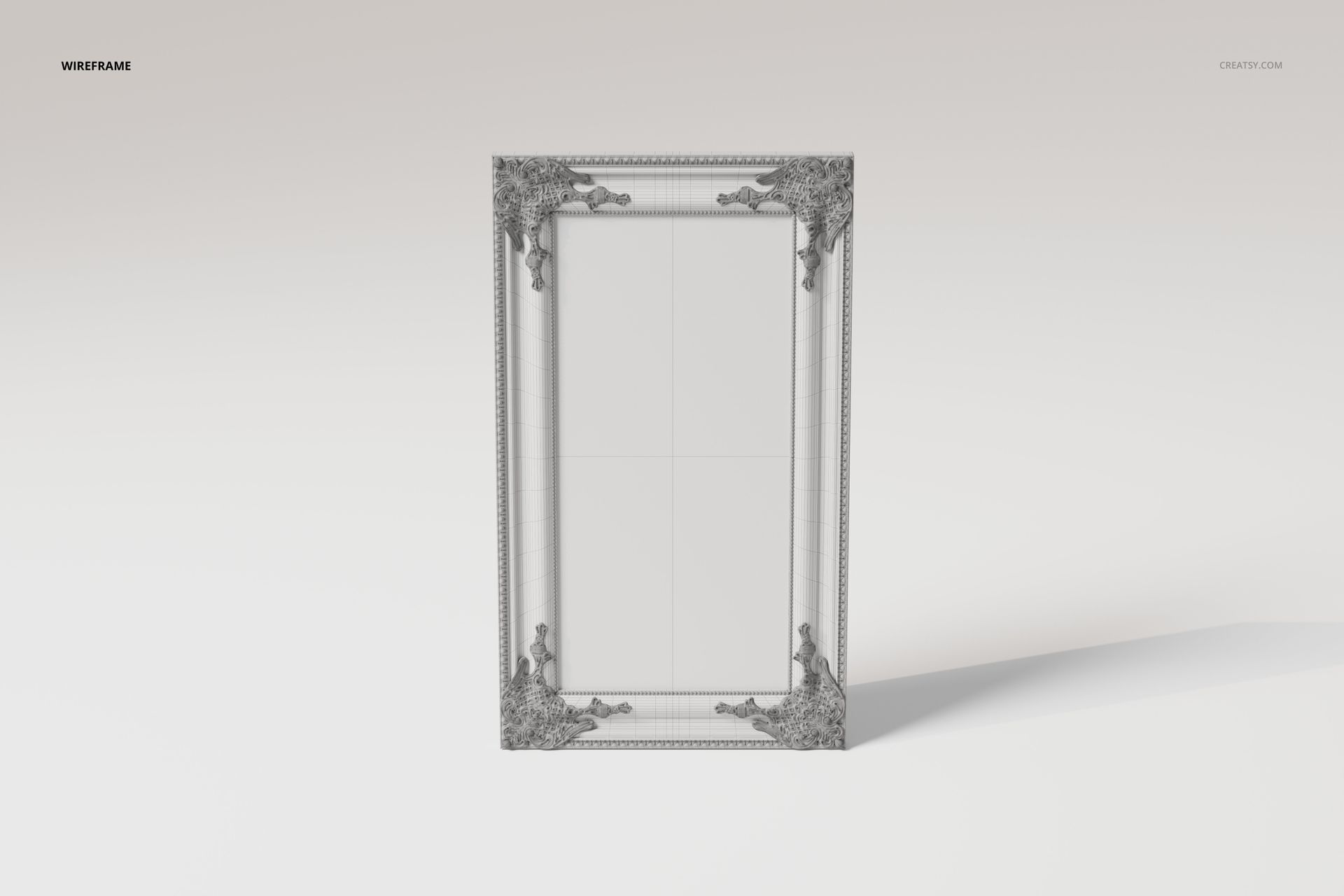 Front view of a rectangular ornate poster frame 3D model with intricate decorative corners on a light background.