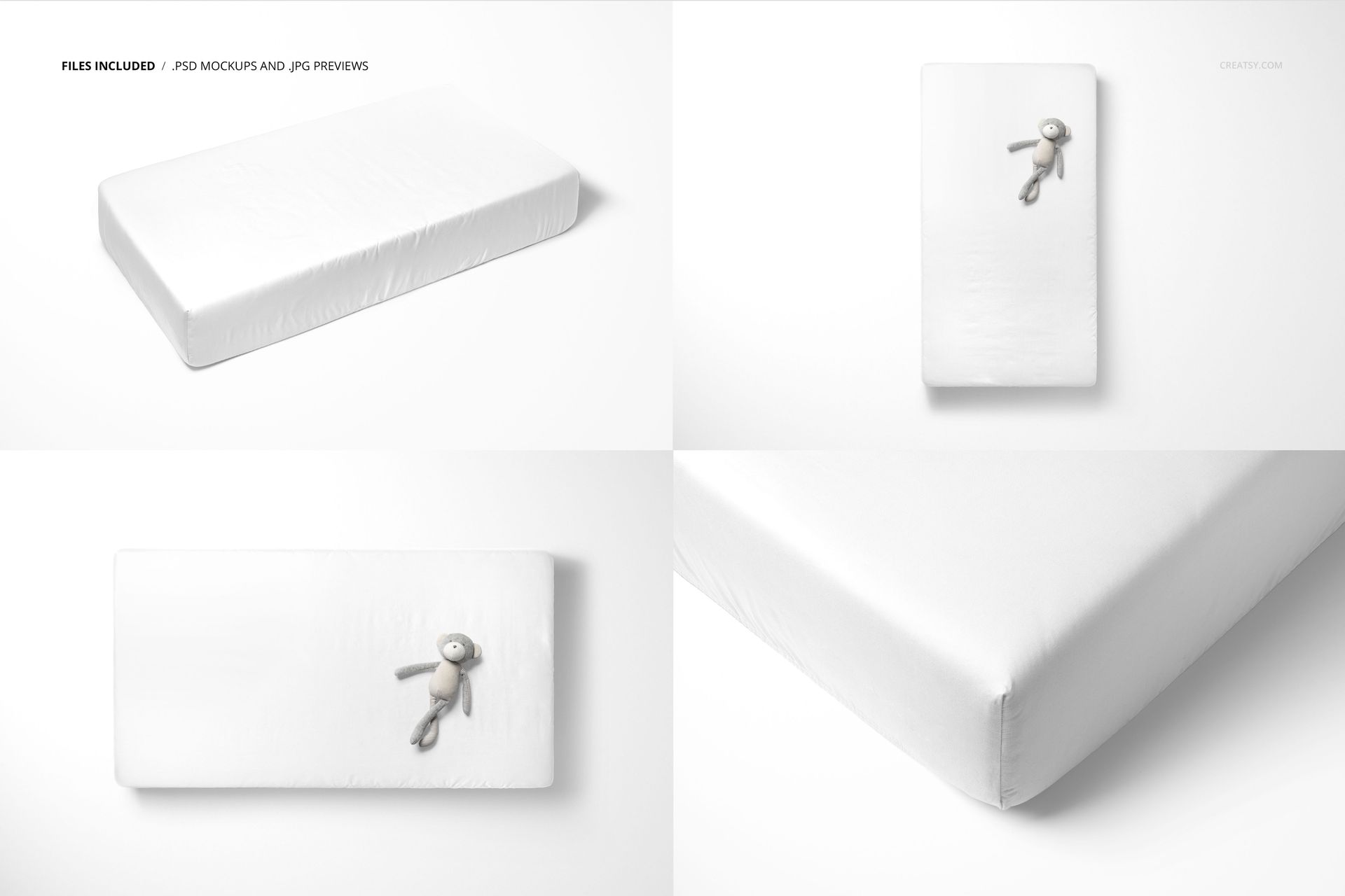 White crib sheet mockup set shown from various angles, including close-up and top view, with a plush toy on one sheet.