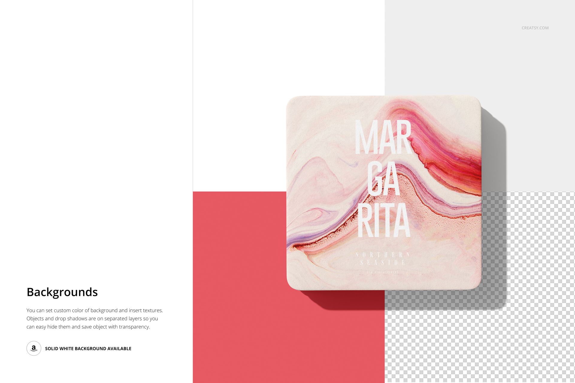 Mockup of a square drink coaster with artistic marble design, placed on a geometric background with red and white sections.