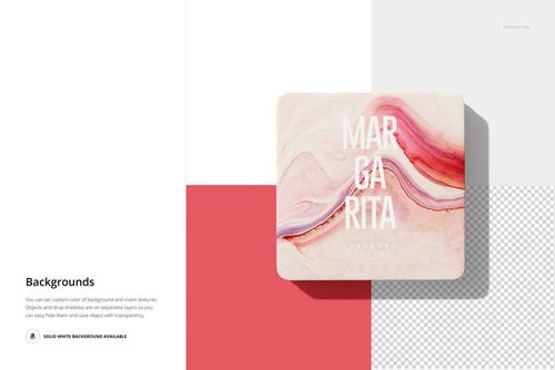 Mockup of a square drink coaster with artistic marble design, placed on a geometric background with red and white sections.