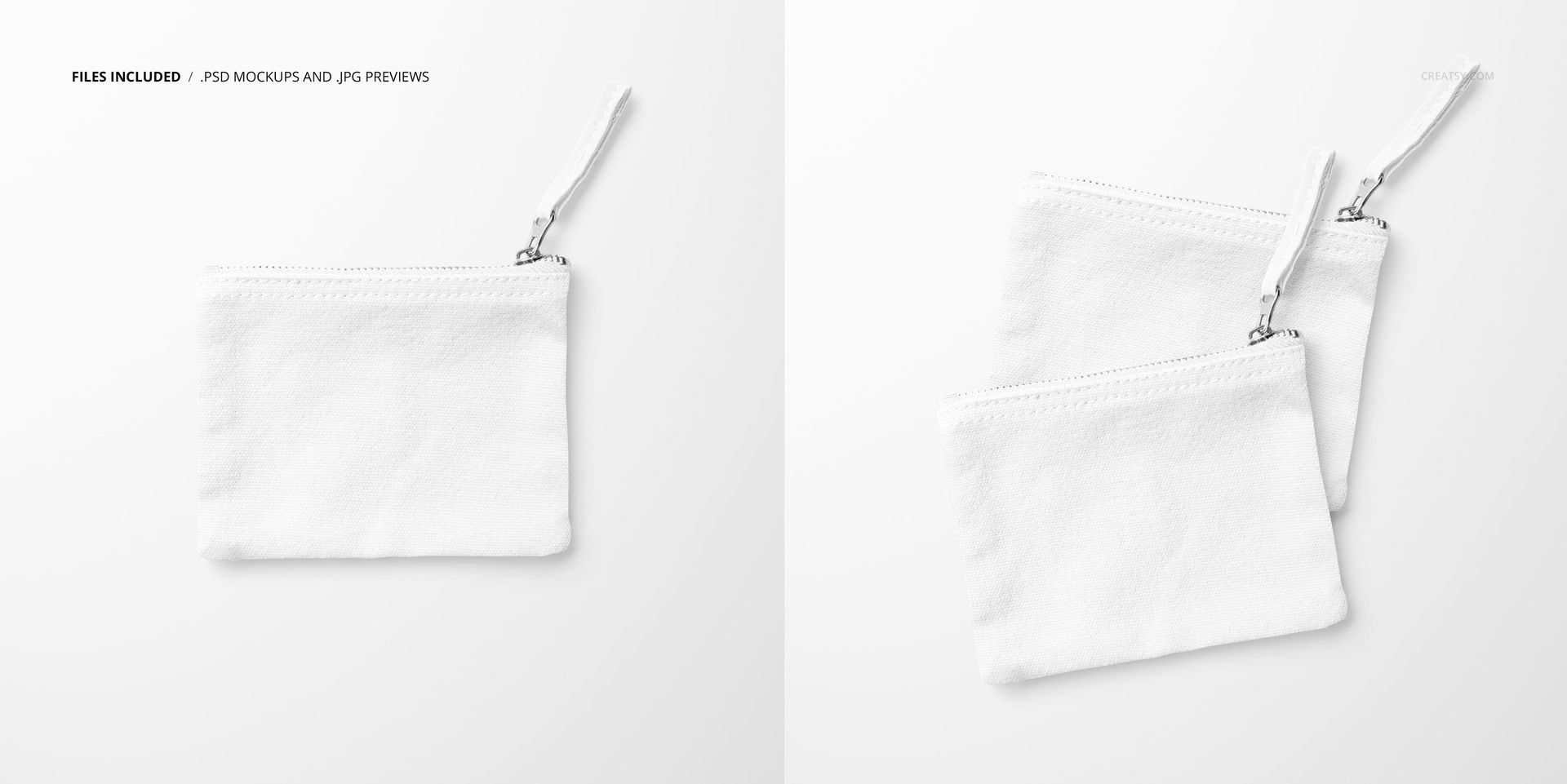 Flat canvas pouch with fabric zipper pull displayed on a white background, shown from a top view perspective.