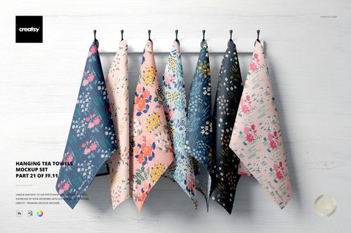 Hanging Tea Towels Mockup with six fabric towels in floral designs, viewed from the front against a light background.
