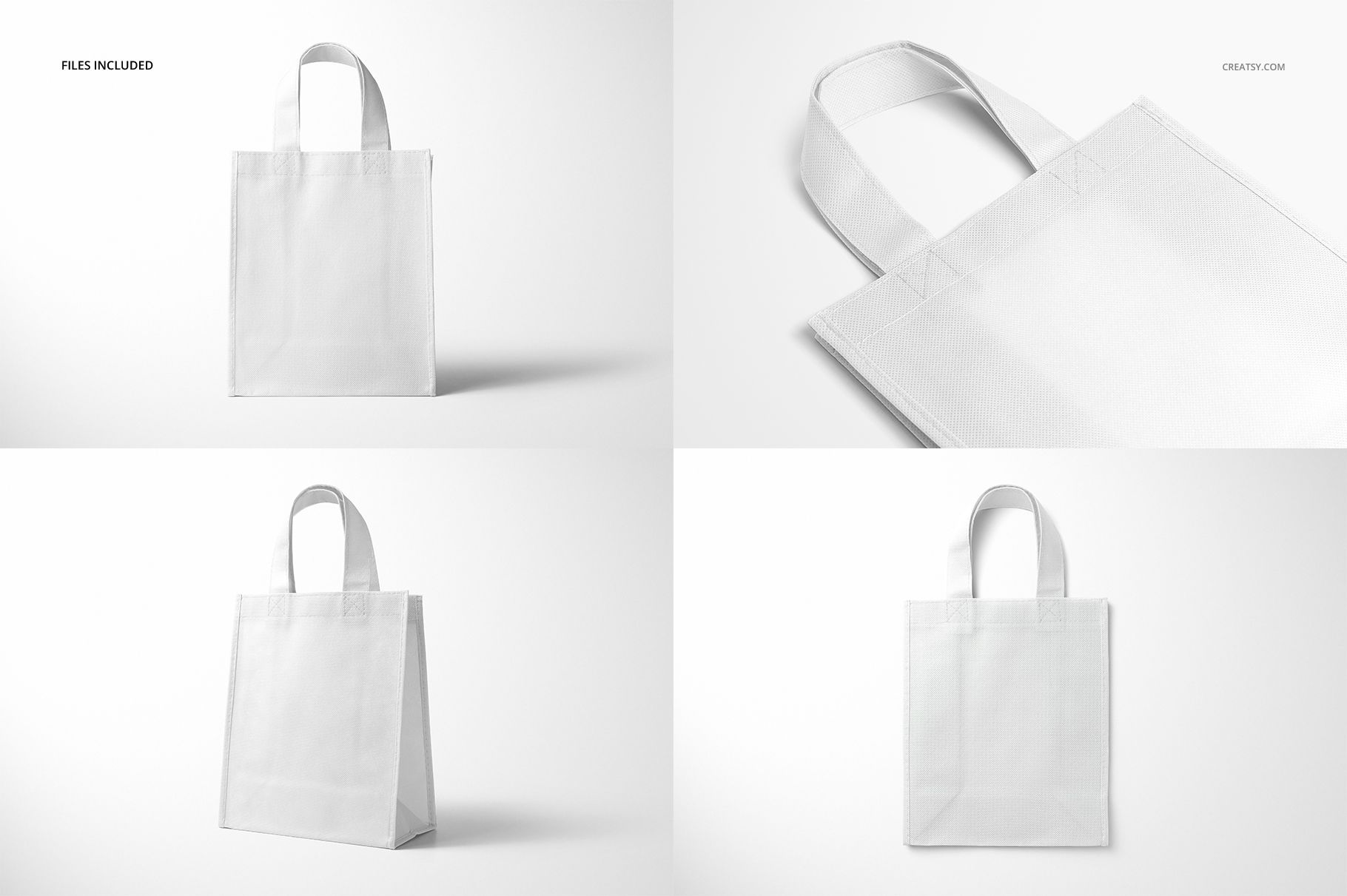 Non-woven tote bag mockup shown in four views, featuring plain white fabric and sturdy handles on a light background.