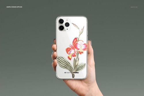 PSD mockup of a clear iPhone 11 Pro case with botanical design, displayed in a hand on a neutral backdrop.