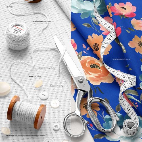 Cotton fabric PSD mockup featuring floral print, spools of thread, white buttons, scissors, and a measuring tape.