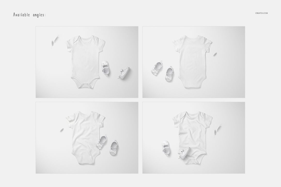 Set of four baby onesie mockups in white, shown from different angles on a light background with baby shoes and pacifier.