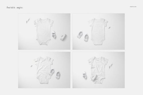 Set of four baby onesie mockups in white, shown from different angles on a light background with baby shoes and pacifier.