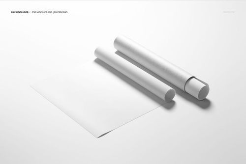 Rolled canvas print and white paper tube mockup displayed on a plain light background, viewed from above.