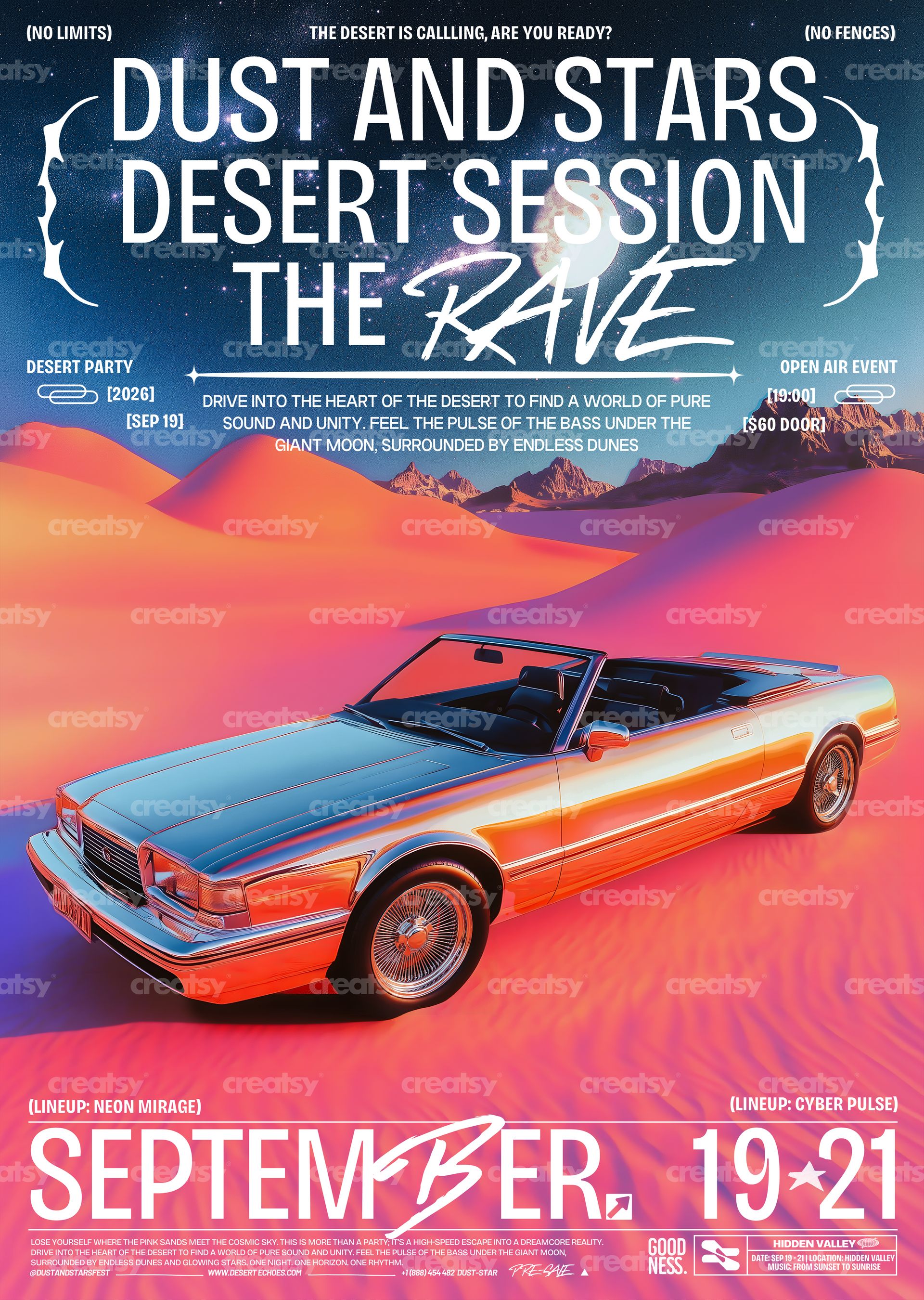 PSD mockup of a poster showing a retro convertible car on a desert road at sunset, with large white rave details above.