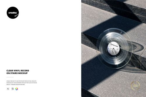 PSD mockup featuring a clear vinyl record on outdoor stone stairs, highlighted by diagonal light and shadow effects.