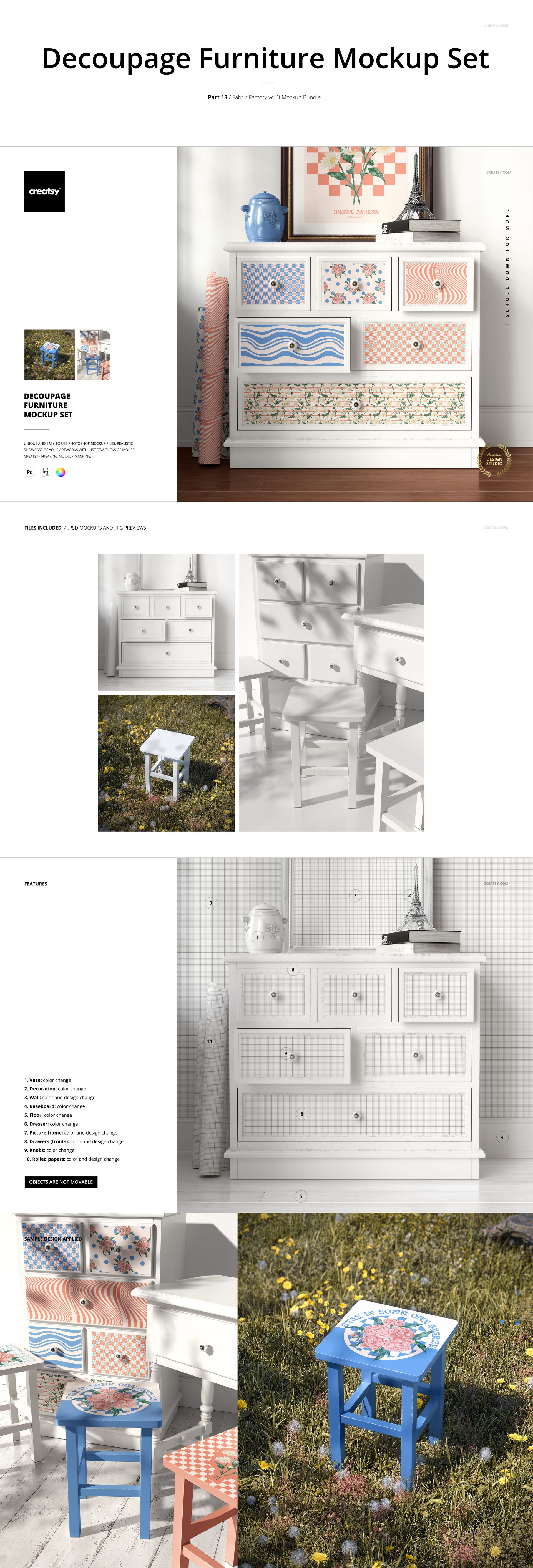 Close-up and wide shots of furniture mockups, including a patterned stool and dresser, displayed in indoor and outdoor settings.