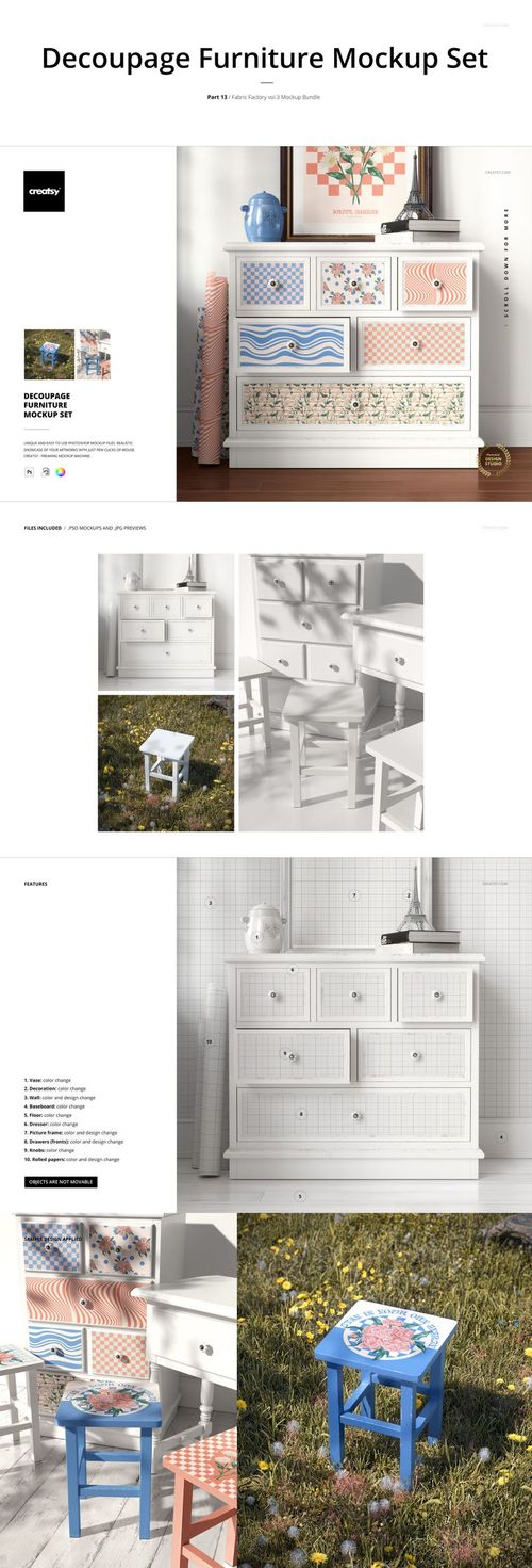 Close-up and wide shots of furniture mockups, including a patterned stool and dresser, displayed in indoor and outdoor settings.