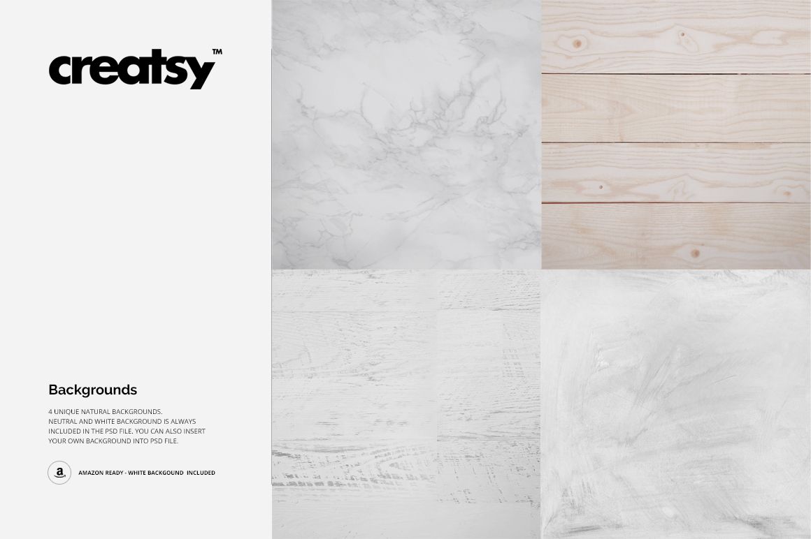 Four natural backgrounds for Macbook skin case mockup, featuring marble, wood, textured white, and plain white surfaces.