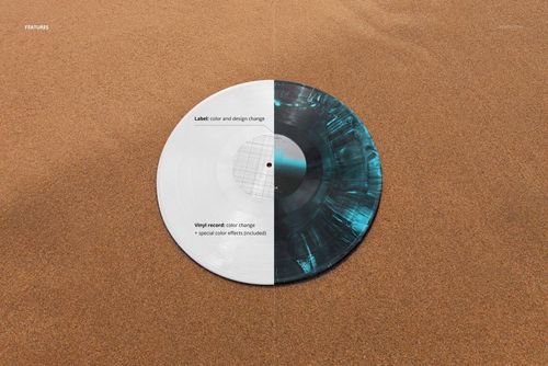 Top view of a vinyl record mockup lying on sandy beach, split into white and blue-black halves with editable label.