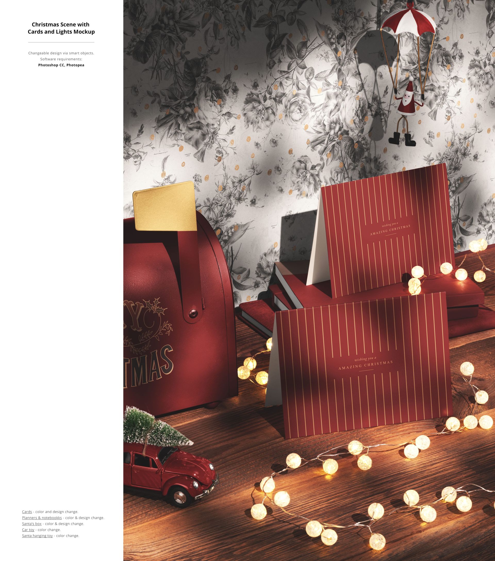 Front view of a Christmas-themed mockup scene with red cards, string lights, and festive props on a wooden surface.