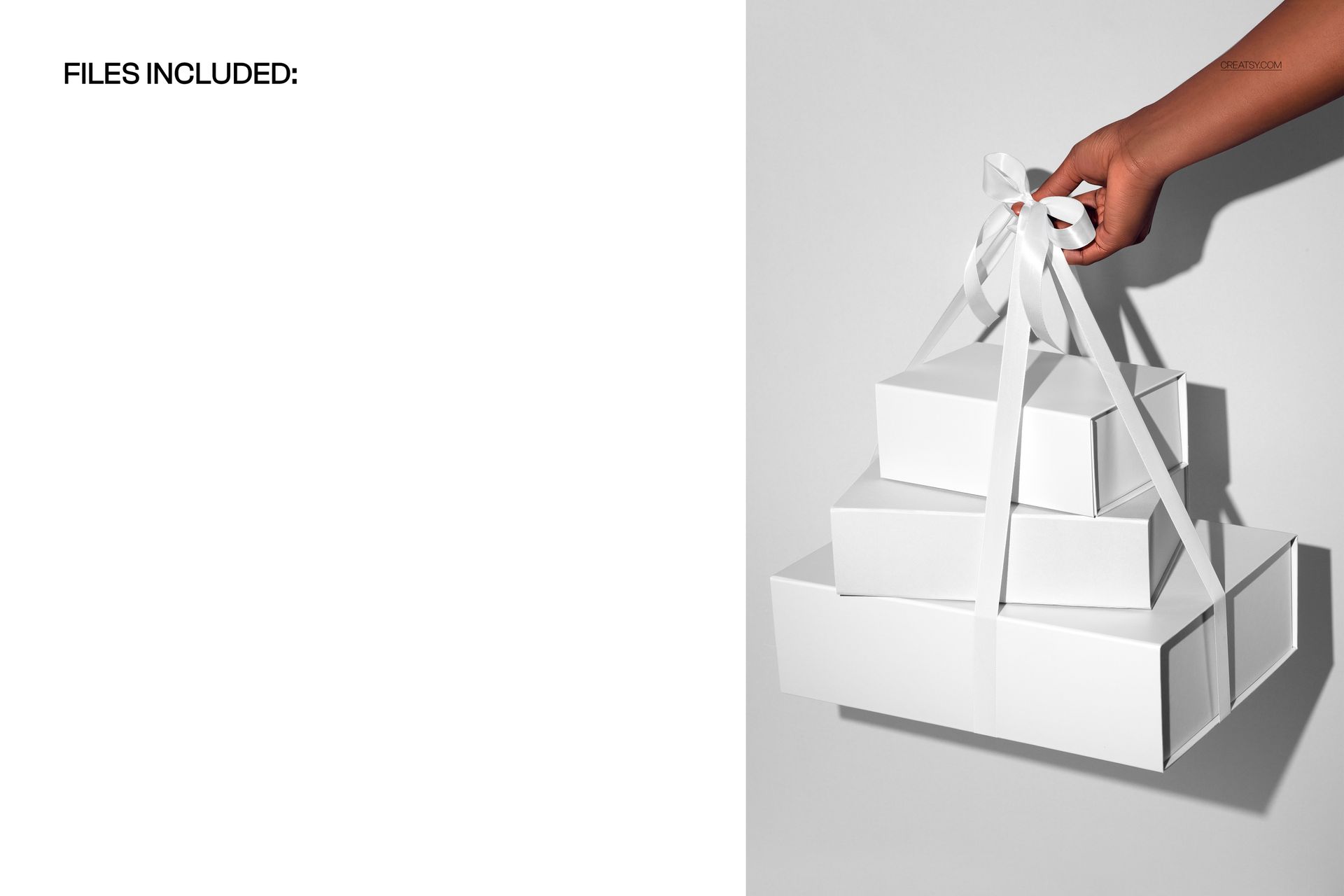 PSD mockup featuring a hand lifting white magnetic gift boxes with ribbon, viewed from the right side.