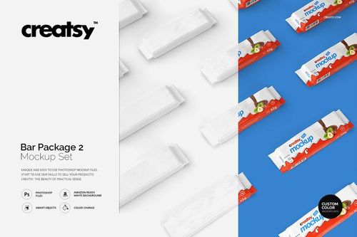 Top view of multiple mockup bar packages, featuring plain and branded wrappers, displayed on a split blue and white background.