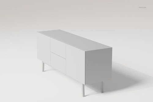 Small media console cabinet with a minimalist design, shown in a light gray color from a front angled perspective on a plain background.