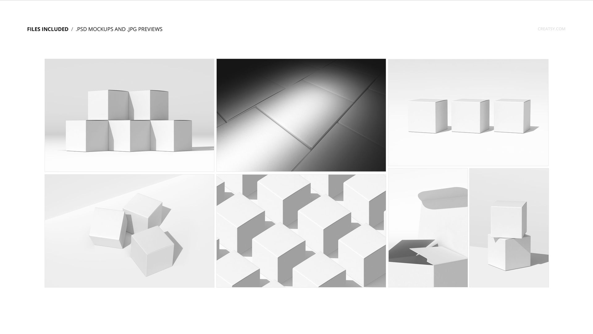 Square packaging box mockup set featuring multiple white boxes in different arrangements and lighting angles.