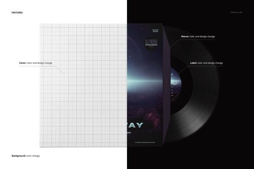 Mockup of a black vinyl record in an album sleeve, displayed from above with editable cover and label sections.