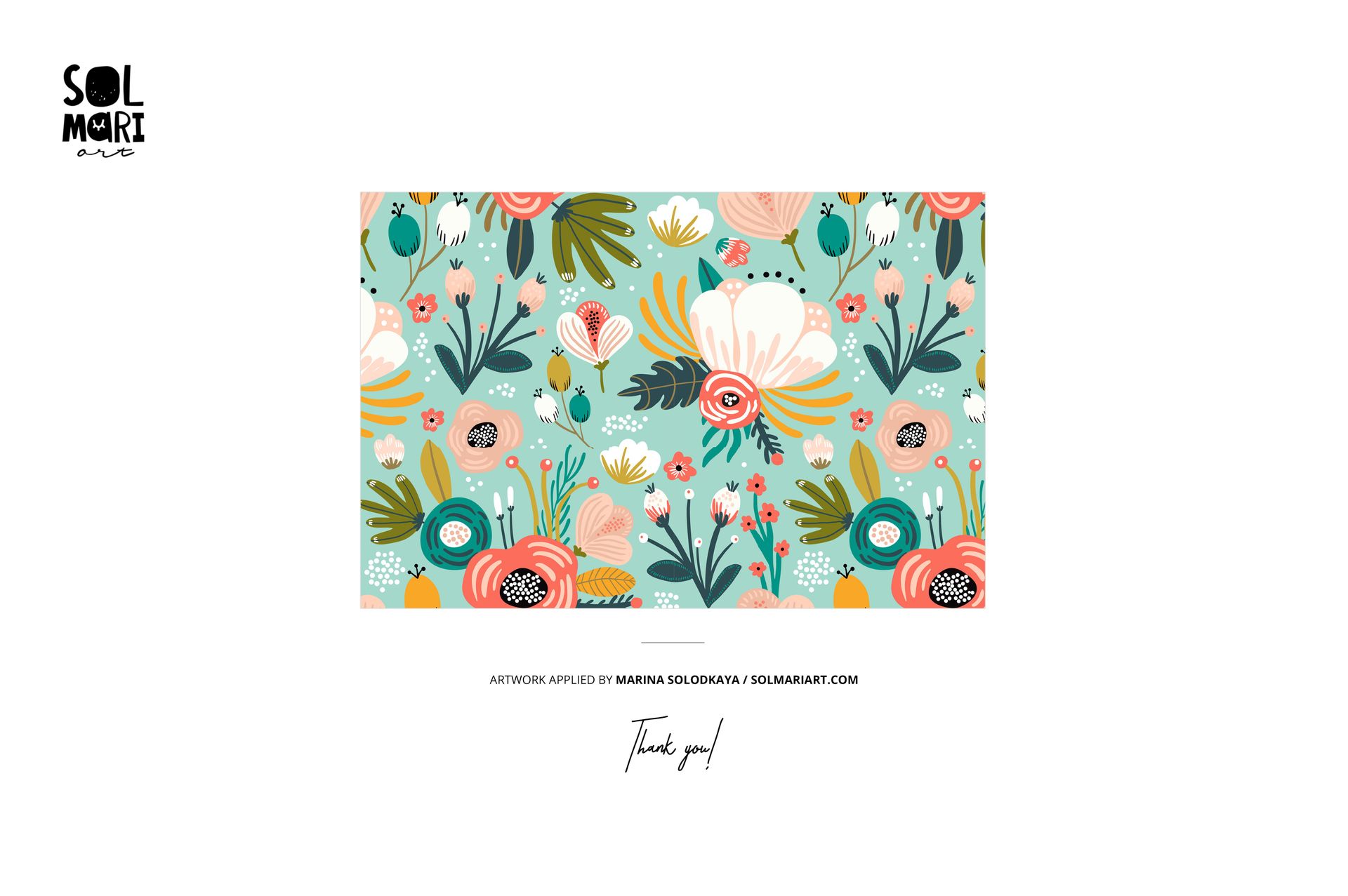 Colorful floral pattern with leaves and flowers in shades of green, pink, orange, and white on a rectangular mockup.