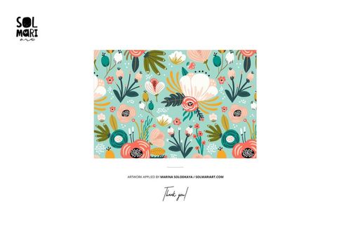 Colorful floral pattern with leaves and flowers in shades of green, pink, orange, and white on a rectangular mockup.