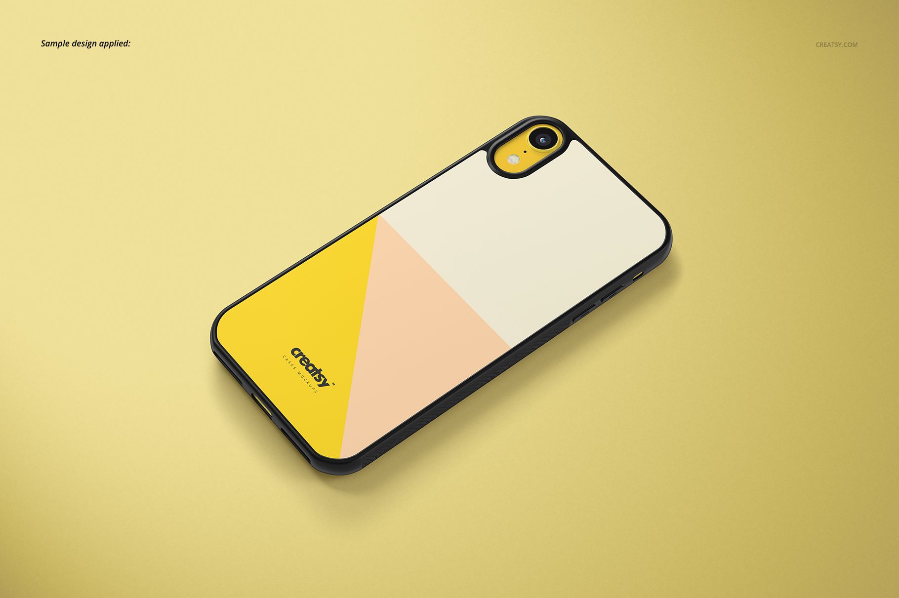 PSD mockup of an iPhone XR case in black with a modern geometric design in yellow, cream, and peach tones.