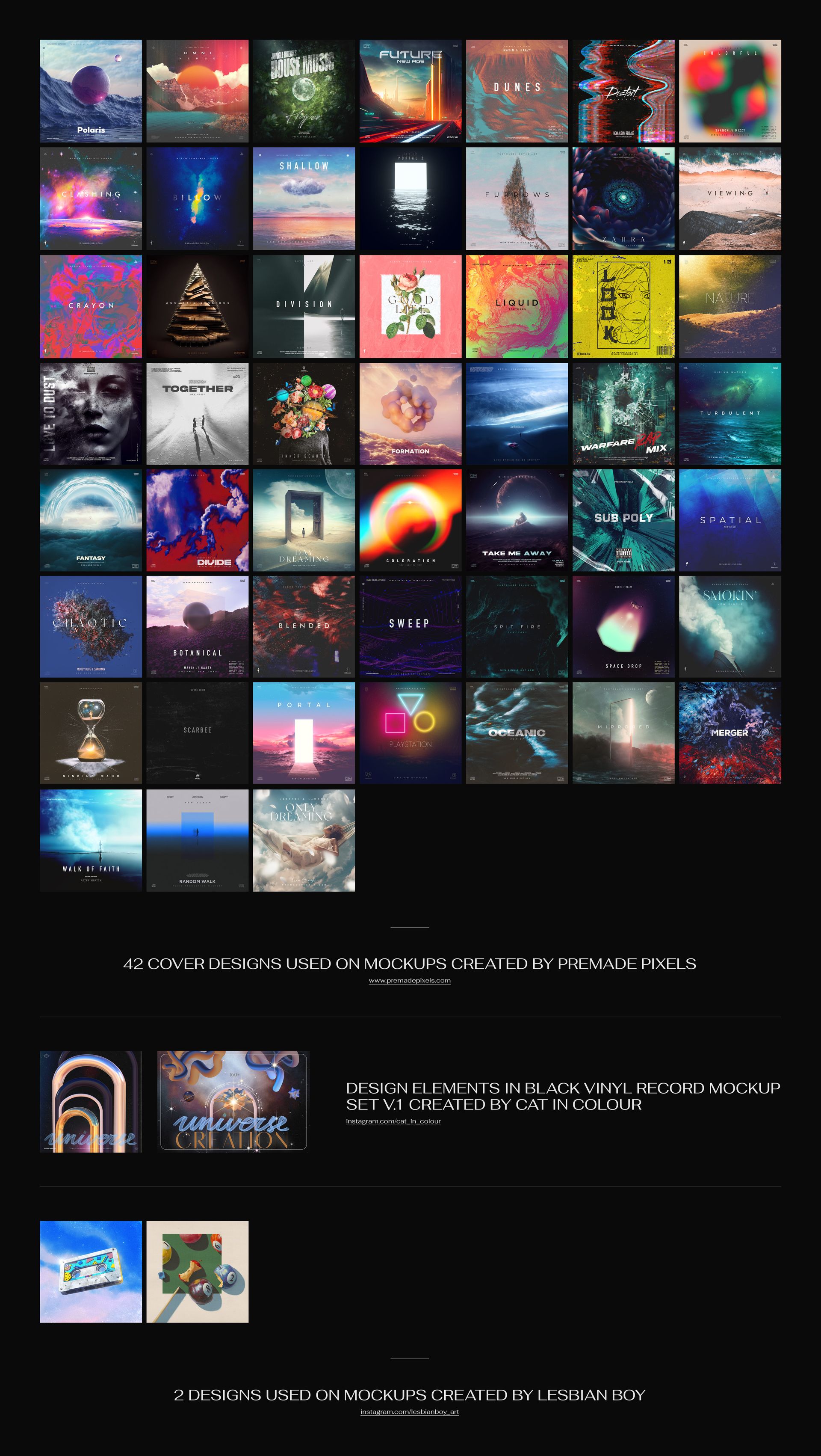 Grid of vinyl record cover mockups featuring various colorful and abstract album artwork designs on a black background.