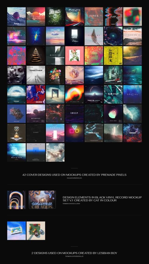 Grid of vinyl record cover mockups featuring various colorful and abstract album artwork designs on a black background.