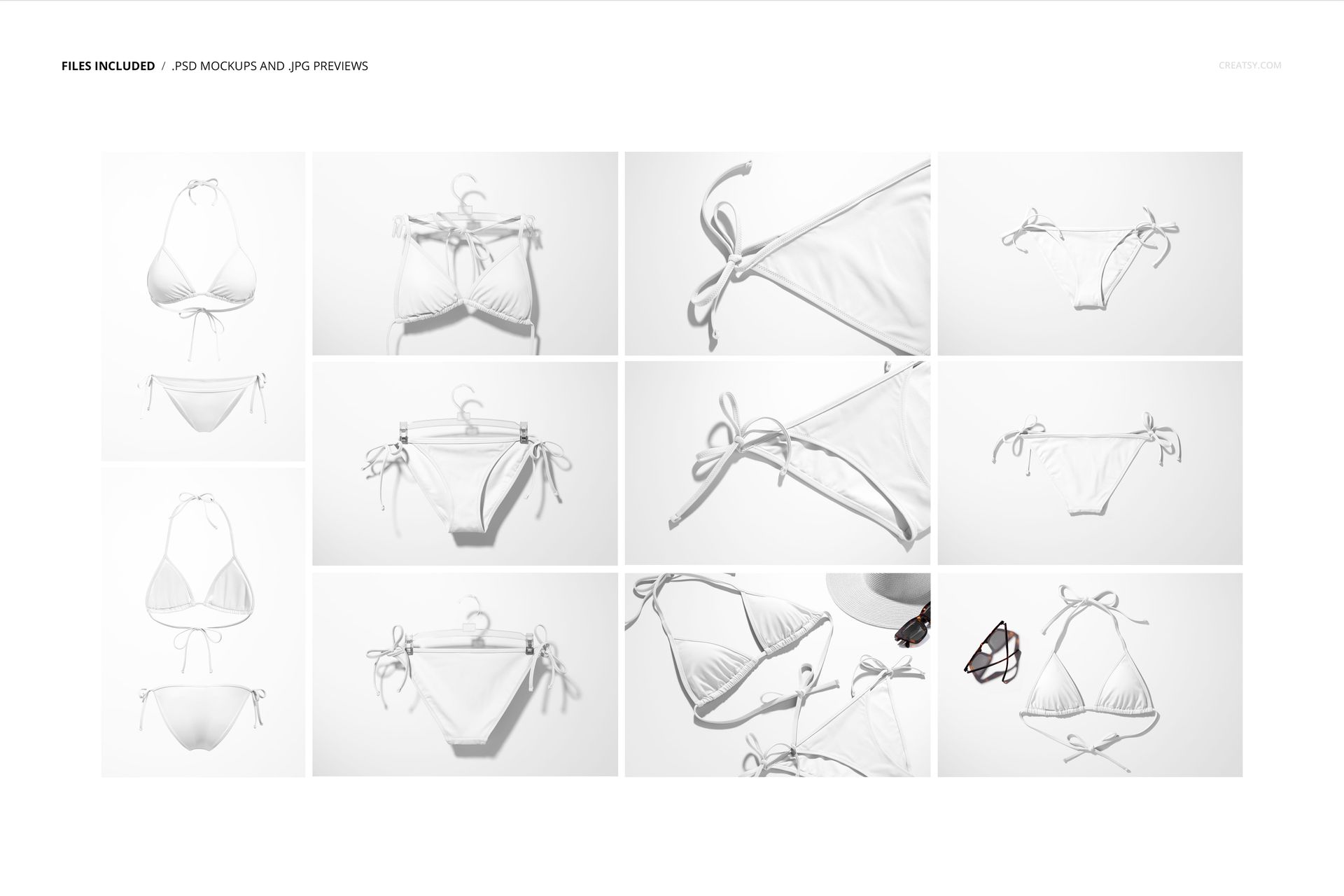 White bikini mockup set displayed in various angles and positions on a plain light background, front and back views.