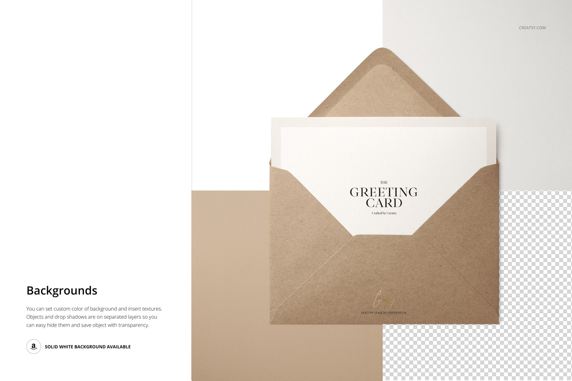C6 kraft paper envelope mockup with a white greeting card partially inserted, shown from a top view on neutral backgrounds.