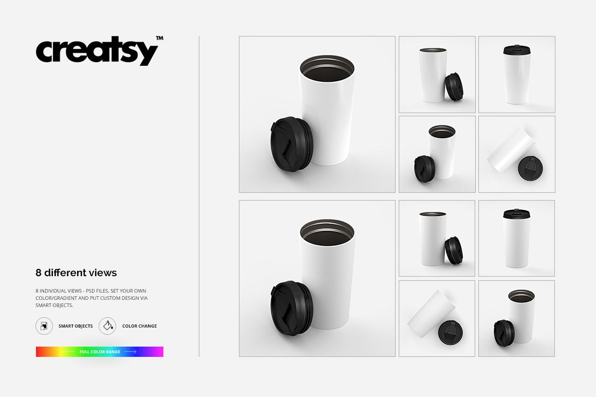 Set of 16 oz stainless steel tumbler mockups with black lids, shown in multiple angles on a white background.