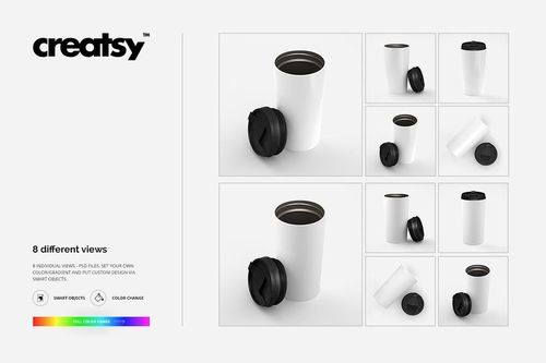 Set of 16 oz stainless steel tumbler mockups with black lids, shown in multiple angles on a white background.
