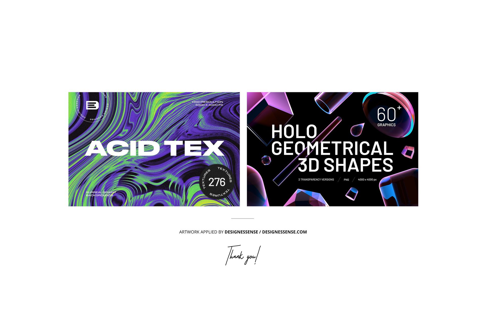 Mockup showing two rectangular posters, one with fluid neon swirls and the other with black background and 3D holographic elements.