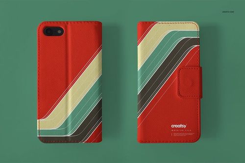 Mockup of a leather wallet phone case featuring colorful diagonal stripes, displayed on a green background.