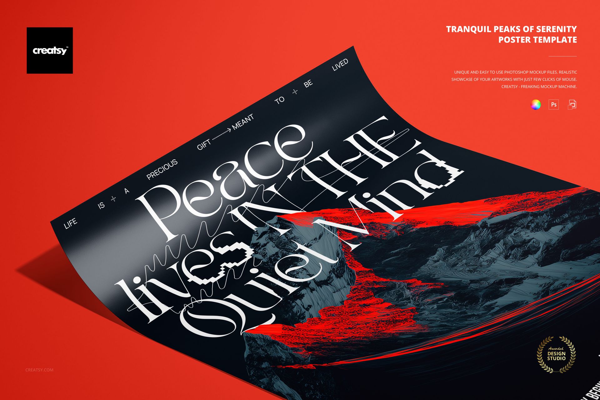 Curved poster mockup featuring abstract red peaks and large stylized white lettering, set against a vivid red backdrop.