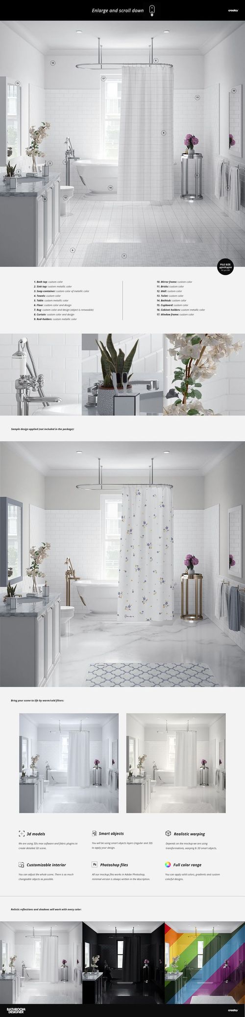 Modern bathroom featuring a white bath curtain mockup hanging from a metal rod, surrounded by neutral decor and plants.