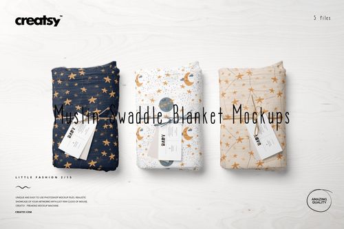 Muslin swaddle blanket PSD mockup set showing folded blankets in blue and white, decorated with stars and moons.