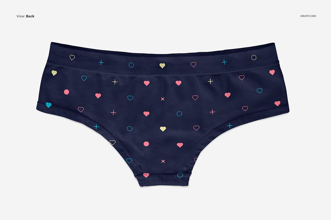 Top view of women's briefs mockup featuring a dark blue color and multicolored small heart and geometric shapes.