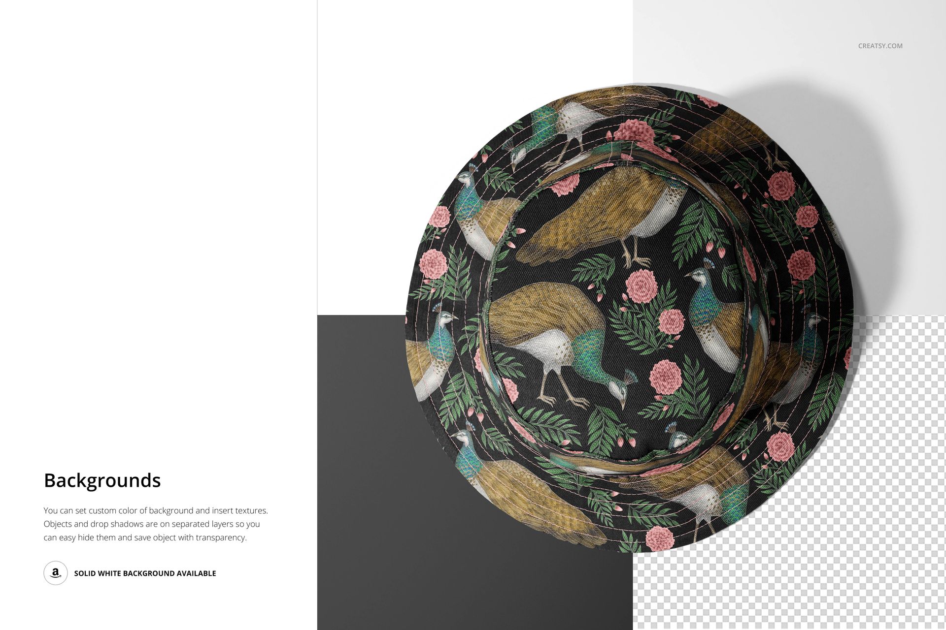Top view of a reversible bucket hat with a bird and floral pattern on a dark background, shown on a mockup scene.