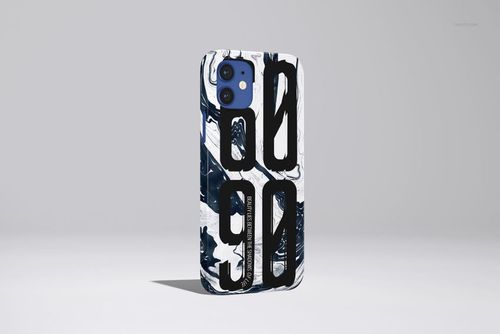 Glossy iPhone 12 case mockup displaying large black numerals on a swirling white and navy blue background, standing upright.