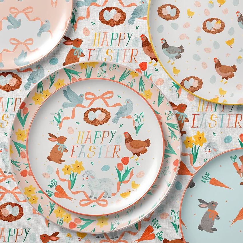 Placemat napkin plate mockup showing plates and napkins with Easter-themed illustrations of animals, flowers, and pastel colors.