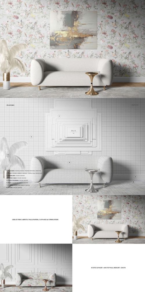 Elegant living room scene with floral wallpaper, a light gray upholstered sofa, gold side table, and wall art in a PSD mockup.